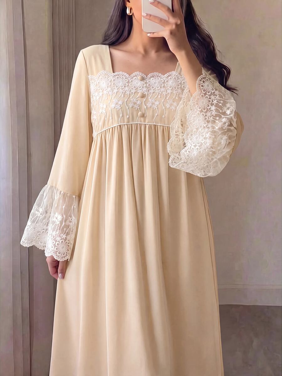 Yasmyna Women's Lace Patchwork Button Pleated Arabian Dress - Apricot - View 1