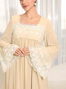 Yasmyna Women's Lace Patchwork Button Pleated Arabian Dress - Apricot - View 5