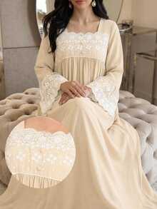 Yasmyna Women's Lace Patchwork Button Pleated Arabian Dress - Apricot - View 9
