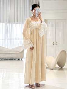 Yasmyna Women's Lace Patchwork Button Pleated Arabian Dress - Apricot - View 8