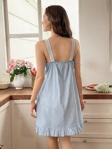 Snug Reverie Women's Fresh Light Blue Comfortable Jacquard Contrast Color Embroidered Lace Ruffle Camisole Nightgown - Baby Blue - View 2