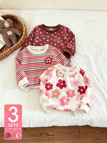 SHEIN Vintaside Kids 3件組女嬰秋冬抓絨圓領運動衫，咖啡色、粉色、白色復古甜美風，紅花波浪彩色條紋滿版印花，適中厚度，適合日常穿著、幼兒園、外出與派對 - 彩色 - 查看 3