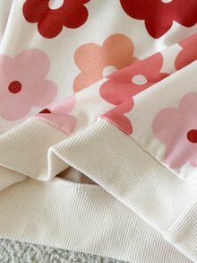SHEIN Vintaside Kids 3件組女嬰秋冬抓絨圓領運動衫，咖啡色、粉色、白色復古甜美風，紅花波浪彩色條紋滿版印花，適中厚度，適合日常穿著、幼兒園、外出與派對 - 彩色 - 查看 8