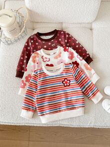SHEIN Vintaside Kids 3件組女嬰秋冬抓絨圓領運動衫，咖啡色、粉色、白色復古甜美風，紅花波浪彩色條紋滿版印花，適中厚度，適合日常穿著、幼兒園、外出與派對 - 彩色 - 查看 4