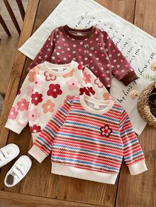 SHEIN Vintaside Kids 3件組女嬰秋冬抓絨圓領運動衫，咖啡色、粉色、白色復古甜美風，紅花波浪彩色條紋滿版印花，適中厚度，適合日常穿著、幼兒園、外出與派對 - 彩色 - 查看 6