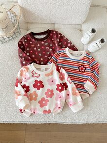 SHEIN Vintaside Kids 3件組女嬰秋冬抓絨圓領運動衫，咖啡色、粉色、白色復古甜美風，紅花波浪彩色條紋滿版印花，適中厚度，適合日常穿著、幼兒園、外出與派對 - 彩色 - 查看 5