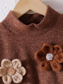 SHEIN Playful Pals 女童春秋冬季休閒 T-shirt 套裝，不對稱設計套頭高領針織羅紋刷毛布料純色棕色長袖上衣，搭配棕色休閒喇叭褲，2 件套，適合春秋冬季返校季，優雅淑女高端風格，適用日常上學、外出、旅行、聚會 - 卡其色 - 查看 6