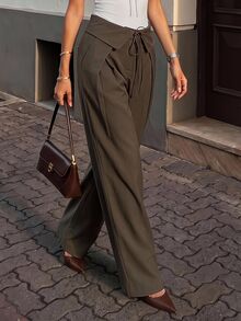 Ritzy Row Fold-Over Waist Tie-Front Wide Leg Pants High-Waist Draped Long Trousers - Army Green - View 8