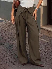 Ritzy Row Fold-Over Waist Tie-Front Wide Leg Pants High-Waist Draped Long Trousers - Army Green - View 4