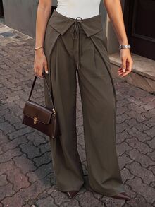 Ritzy Row Fold-Over Waist Tie-Front Wide Leg Pants High-Waist Draped Long Trousers - Army Green - View 7