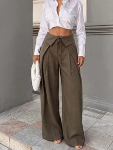 Ritzy Row Fold-Over Waist Tie-Front Wide Leg Pants High-Waist Draped Long Trousers - Army Green - View 2