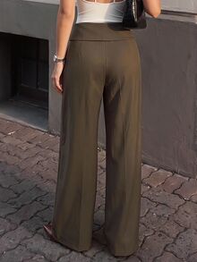 Ritzy Row Fold-Over Waist Tie-Front Wide Leg Pants High-Waist Draped Long Trousers - Army Green - View 3