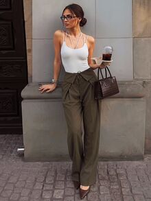 Ritzy Row Fold-Over Waist Tie-Front Wide Leg Pants High-Waist Draped Long Trousers - Army Green - View 5