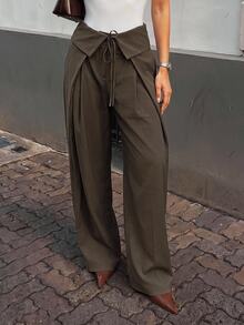 Ritzy Row Fold-Over Waist Tie-Front Wide Leg Pants High-Waist Draped Long Trousers - Army Green - View 6