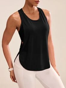 SHEIN BAE Hollow Out Racer Back Curved Hem Sports Tank Top - Black - View 4