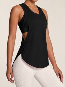 SHEIN BAE Hollow Out Racer Back Curved Hem Sports Tank Top - Black - View 2
