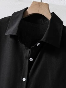 SHEIN 青少年女孩休閒時尚梭織布料經典長袖襯衫 寬鬆舒適 適合春夏秋季 日常通勤 出遊聚會 拍照購物 百搭穿搭 - 黑色 - 查看 3