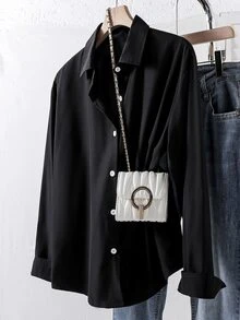 SHEIN 青少年女孩休閒時尚梭織布料經典長袖襯衫 寬鬆舒適 適合春夏秋季 日常通勤 出遊聚會 拍照購物 百搭穿搭 - 黑色 - 查看 8