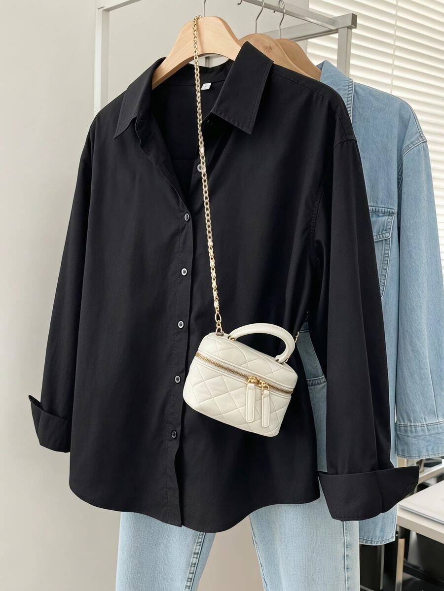 SHEIN 青少年女孩休閒時尚梭織布料經典長袖襯衫 寬鬆舒適 適合春夏秋季 日常通勤 出遊聚會 拍照購物 百搭穿搭 - 黑色 - 查看 1