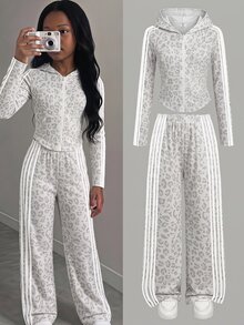 SHEIN 兒童青少年女孩時尚淺灰色豹紋對比白色膠帶裝飾休閒連帽外套直筒長褲2件套灰色套裝秋冬款 - 淺灰色 - 查看 13