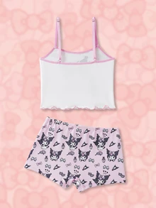 HELLO KITTY AND FRIENDS | SHEIN 少女字母卡通印花吊带背心和短裤休闲家居服套装 - 粉色 - 查看 2