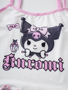 HELLO KITTY AND FRIENDS | SHEIN 少女字母卡通印花吊带背心和短裤休闲家居服套装 - 粉色 - 查看 3