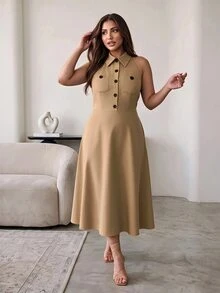 Hourglow Gaun Maxi Wanita Ukuran Plus dengan Desain Leher Halter dan Kantong, Cocok untuk Bentuk Tubuh Jam Pasir - Khaki - View 5