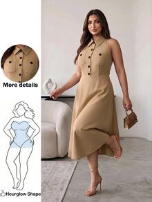Hourglow Gaun Maxi Wanita Ukuran Plus dengan Desain Leher Halter dan Kantong, Cocok untuk Bentuk Tubuh Jam Pasir - Khaki - View 1