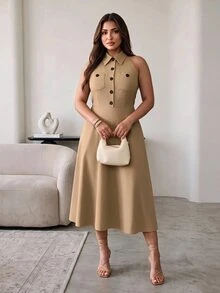 Hourglow Gaun Maxi Wanita Ukuran Plus dengan Desain Leher Halter dan Kantong, Cocok untuk Bentuk Tubuh Jam Pasir - Khaki - View 4
