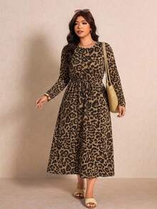 Melodosi Plus Size Fashion Elegant Leopard Print Long Sleeve Dress Fall - Multicolor - View 2