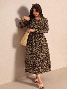 Melodosi Plus Size Fashion Elegant Leopard Print Long Sleeve Dress Fall - Multicolor - View 4