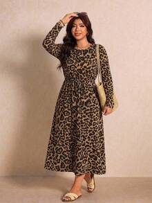 Melodosi Plus Size Fashion Elegant Leopard Print Long Sleeve Dress Fall - Multicolor - View 3