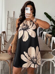 SHEIN VCAY Plus Size Boho Print Halter Neck Backless Summer Women Dresses Vacation Date Night Black - Multicolor - View 7