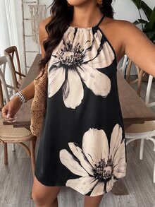 SHEIN VCAY Plus Size Boho Print Halter Neck Backless Summer Women Dresses Vacation Date Night Black - Multicolor - View 6