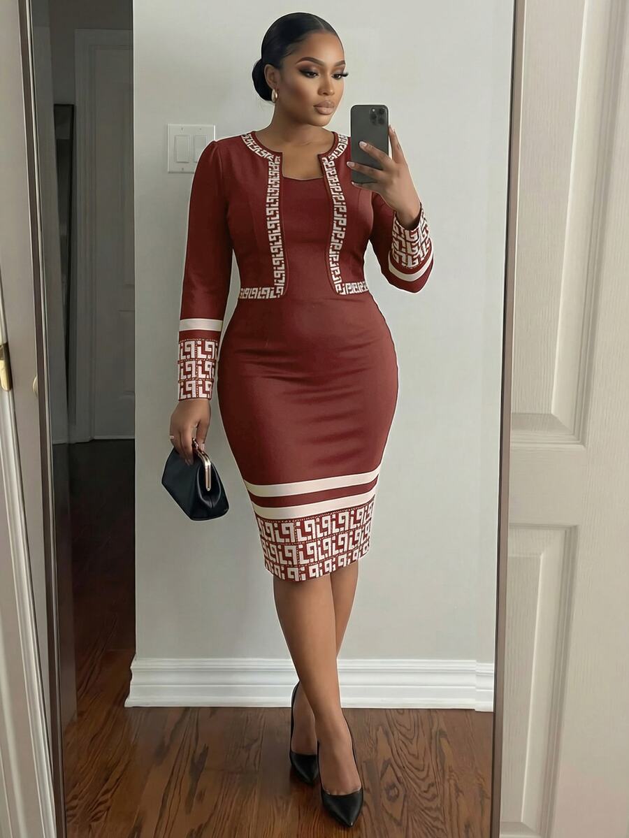SHEIN Lady CURVE Plus Size Elegant Geometric Print Fitted Red Dress, Suitable For Commuting Summer Valentine's Day Spring Birthday Casual Dresses Women - Burgundy - View 1