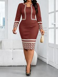 SHEIN Lady CURVE Plus Size Elegant Geometric Print Fitted Red Dress, Suitable For Commuting Summer Valentine's Day Spring Birthday Casual Dresses Women - Burgundy - View 7