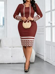 SHEIN Lady CURVE Plus Size Elegant Geometric Print Fitted Red Dress, Suitable For Commuting Summer Valentine's Day Spring Birthday Casual Dresses Women - Burgundy - View 6