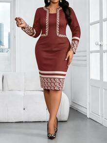 SHEIN Lady CURVE Plus Size Elegant Geometric Print Fitted Red Dress, Suitable For Commuting Summer Valentine's Day Spring Birthday Casual Dresses Women - Burgundy - View 3