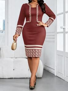 SHEIN Lady CURVE Plus Size Elegant Geometric Print Fitted Red Dress, Suitable For Commuting Summer Valentine's Day Spring Birthday Casual Dresses Women - Burgundy - View 5
