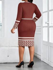 SHEIN Lady CURVE Plus Size Elegant Geometric Print Fitted Red Dress, Suitable For Commuting Summer Valentine's Day Spring Birthday Casual Dresses Women - Burgundy - View 2