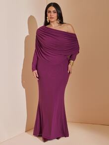 SHEIN BAE CURVE Plus Size Women's Solid Color Asymmetrical Shoulder Long Sleeve Ruched Fitted Elegant Dress,Mesh Overlay,Elegant / Feminine / Romantic,Garden Party - Purple - View 5