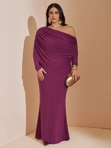 SHEIN BAE CURVE Plus Size Women's Solid Color Asymmetrical Shoulder Long Sleeve Ruched Fitted Elegant Dress,Mesh Overlay,Elegant / Feminine / Romantic,Garden Party - Purple - View 3