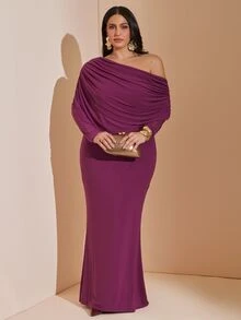 SHEIN BAE CURVE Plus Size Women's Solid Color Asymmetrical Shoulder Long Sleeve Ruched Fitted Elegant Dress,Mesh Overlay,Elegant / Feminine / Romantic,Garden Party - Purple - View 2