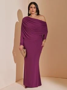 SHEIN BAE CURVE Plus Size Women's Solid Color Asymmetrical Shoulder Long Sleeve Ruched Fitted Elegant Dress,Mesh Overlay,Elegant / Feminine / Romantic,Garden Party - Purple - View 4