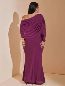 SHEIN BAE CURVE Plus Size Women's Solid Color Asymmetrical Shoulder Long Sleeve Ruched Fitted Elegant Dress,Mesh Overlay,Elegant / Feminine / Romantic,Garden Party - Purple - View 1