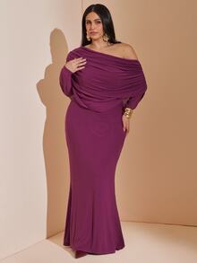 SHEIN BAE CURVE Plus Size Women's Solid Color Asymmetrical Shoulder Long Sleeve Ruched Fitted Elegant Dress,Mesh Overlay,Elegant / Feminine / Romantic,Garden Party - Purple - View 6