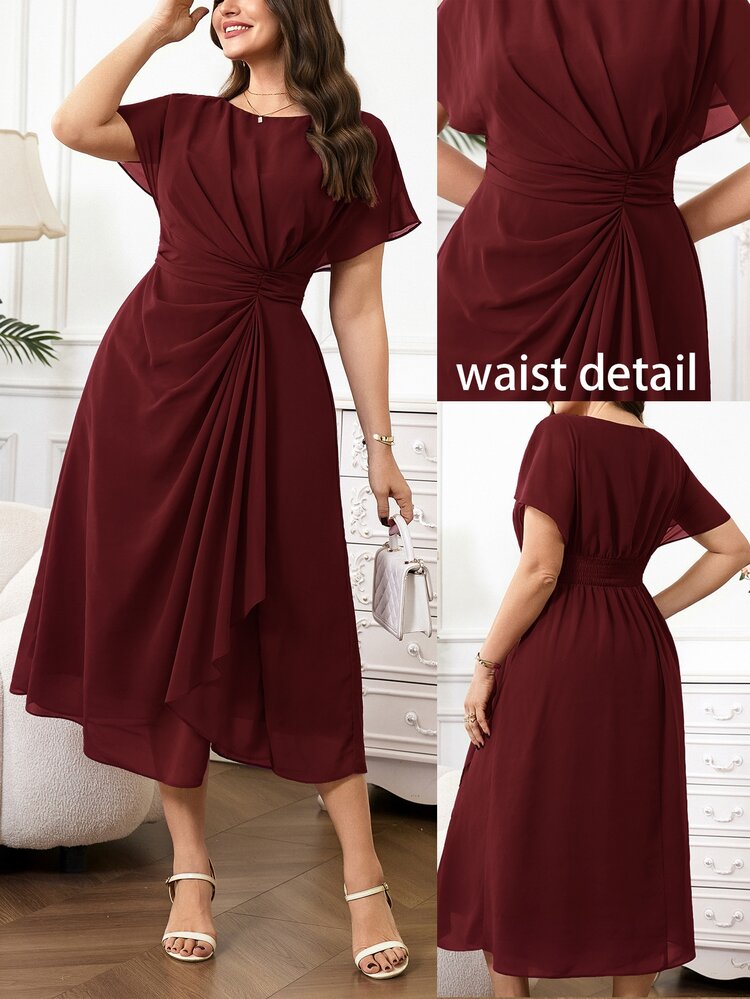 Reflora Plus Size Women's Dress Spring Women's Dress Summer Women's Dress Elegant Women's Dress Romantic Women's Dress Purple Women's Dress Flowy Women's Dress Chiffon Women's Dress Mid-Length Women's Dress Ruched Women's Dress - Burgundy - View 1