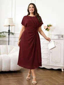 Reflora 大尺碼女款洋裝 春季女款洋裝 夏季女款洋裝 優雅女款洋裝 浪漫女款洋裝 紫色女款洋裝 飄逸女款洋裝 雪紡女款洋裝 中長版女款洋裝 抓皺女款洋裝 - 酒紅色 - 查看 1