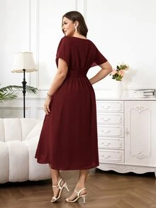 Reflora 大尺碼女款洋裝 春季女款洋裝 夏季女款洋裝 優雅女款洋裝 浪漫女款洋裝 紫色女款洋裝 飄逸女款洋裝 雪紡女款洋裝 中長版女款洋裝 抓皺女款洋裝 - 酒紅色 - 查看 3