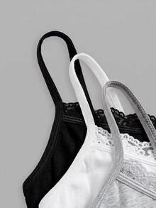 SHEIN Girlism 兒童青少年女孩 3件組黑白灰簡約V領細肩帶背心、墊肩內衣與賽車背內褲套裝，舒適純色，春夏穿著，Clean Girl/美式甜美風 - 彩色 - 查看 9